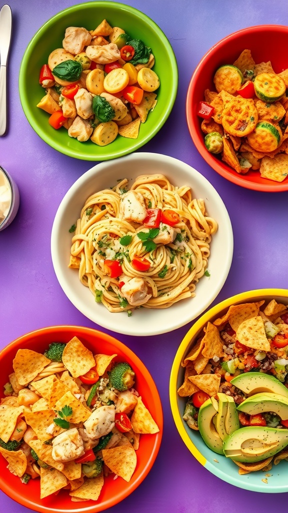 Quick and Easy Weeknight Dinner Recipes A table with chicken stir-fry, pasta primavera, and taco salad, ready for a quick and easy dinner.